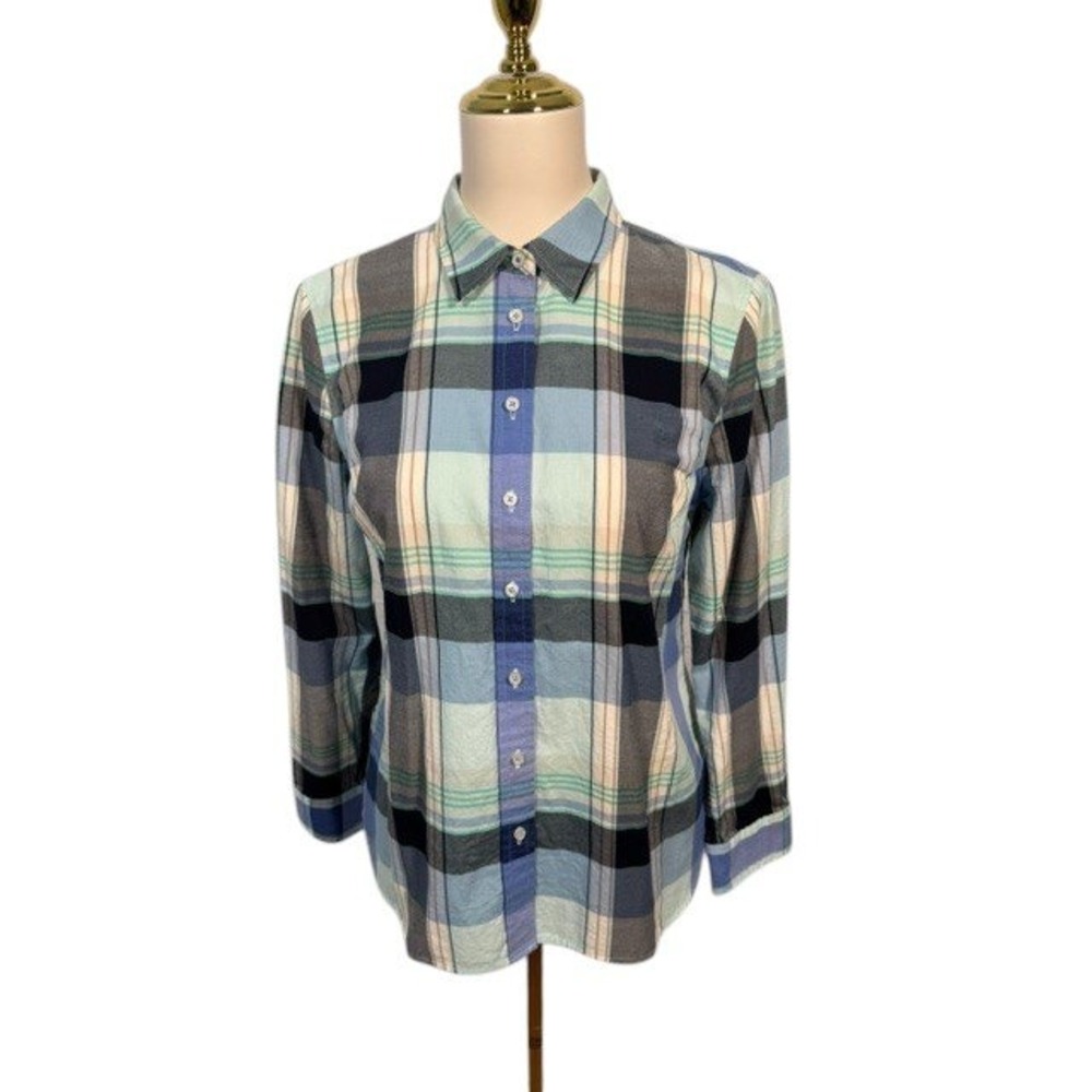 Talbots‎ Blue Plaid Button Down Shirt Women's MP Petite 100% Cotton EUC